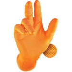 Luva descartável nitrilo laranja Grippaz com textura detalhada em escama de peixe.